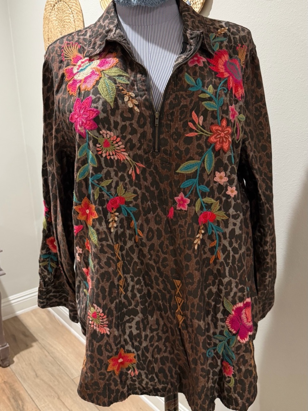 Johnny Was Brown Leopard Embroidered Floral Zip Tunic